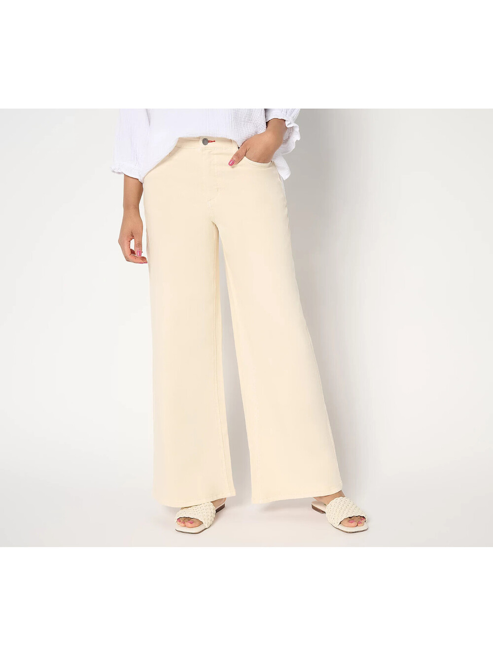 Peach Love World Size 14 Wide Leg Ecru Linen Denim Pants QVC